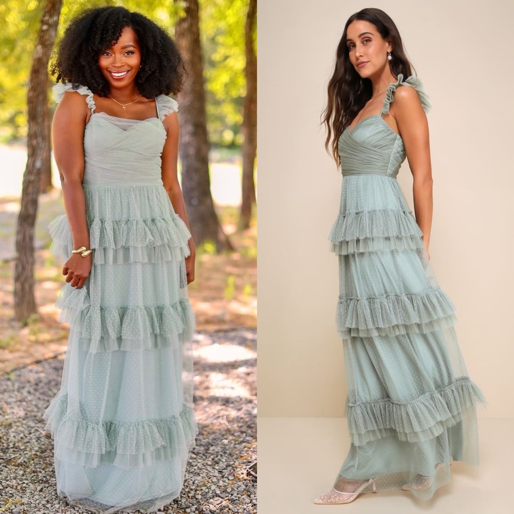 LULUS‎ Swiss Dot Tulle Ruffle Tier Sweetheart Neck Sleeveless Cottagecore Gown S